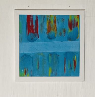 Pinselstrich Abstraktes Gemälde mit blauen und bunten Farbtönen in geometrischen Formen.
