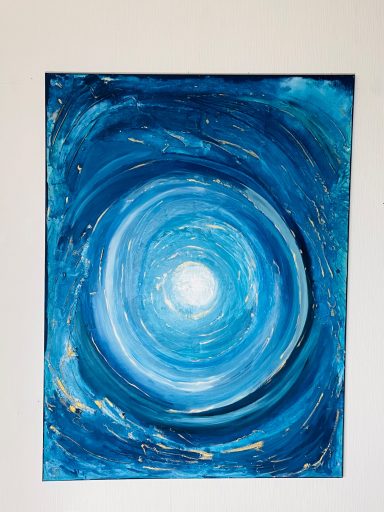 Deep Ocean Abstrakte Malerei mit spiralförmigen blauen und weißen Wirbeln.