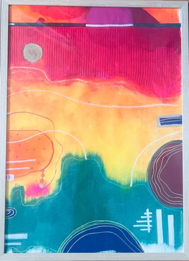 4 Welten 3/3 Bunte abstrakte Komposition mit Kreisen und Linien in lebhaften Farben.