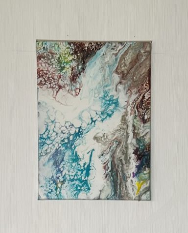 Flow Abstrakte Malerei in Blau-, Braun- und Grüntönen mit strömenden Fluiden.