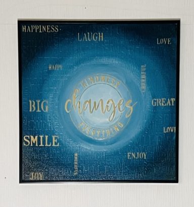 Positiv Blaues Poster mit Worten wie „Änderungen“, „Lächeln“ und „Happiness“.