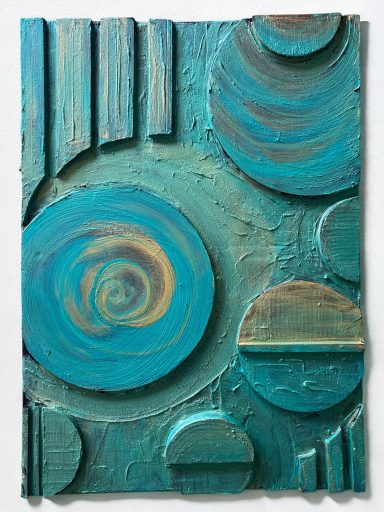 Forms Abstrakte Wandkunst mit blauen und grünen kreisförmigen Formen und strukturierten Oberflächen.